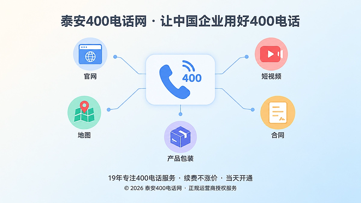 聚焦式扁平插画：中央号码卡片连接官网、地图、短视频、包装等多个渠道，表现企业400电话对外身份保持一致