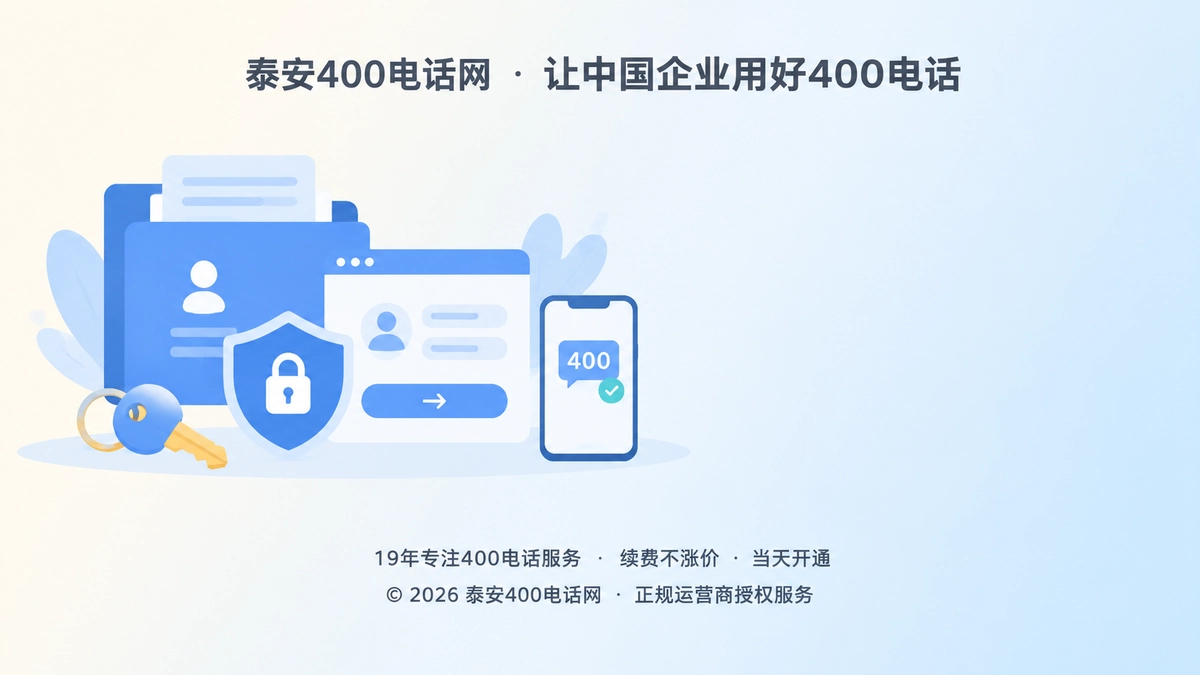 企业档案袋、钥匙与账号盾牌扁平插画，表现400电话管理权归企业